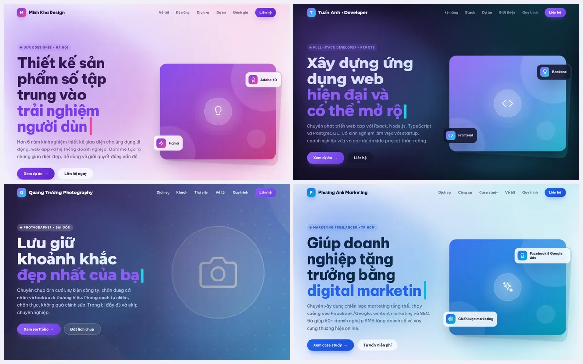 Bốn mẫu portfolio cá nhân: designer, developer, nhiếp ảnh gia và marketing freelancer, phần đầu trang trên máy tính