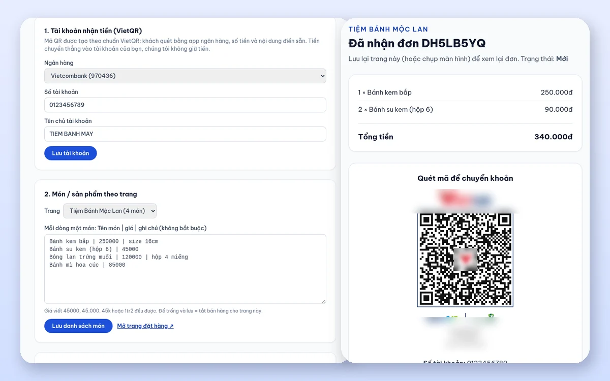 Hướng dẫn sử dụng Tự Thiết Kế Web: mục Bán hàng với tài khoản nhận tiền, danh sách món và trang đơn hàng hiện mã QR chuyển khoản