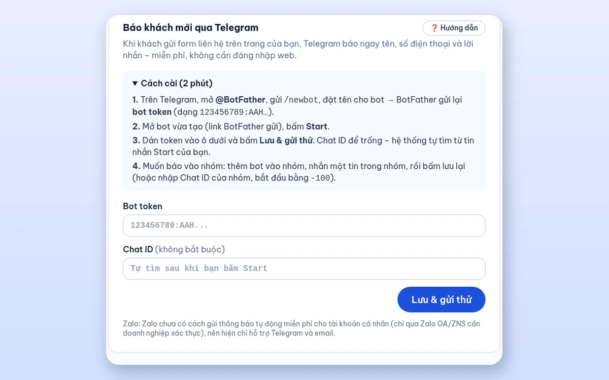 Mục Báo khách mới qua Telegram với các bước tạo bot, ô Bot token, Chat ID và nút Lưu và gửi thử