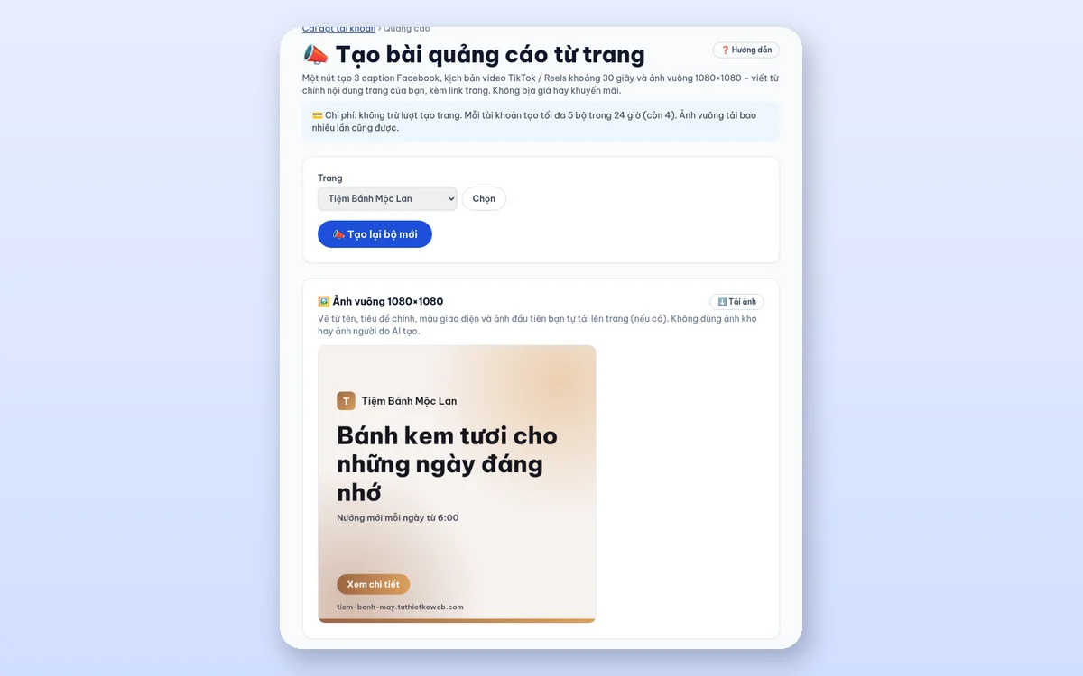 Mục Tạo bài quảng cáo từ trang với ảnh vuông 1080x1080 và nút tải ảnh
