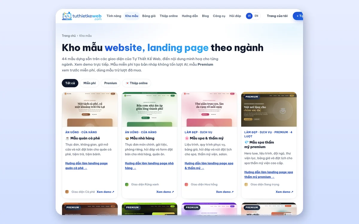 Kho mẫu website và landing page theo ngành với bộ lọc Miễn phí, Premium và nút xem demo