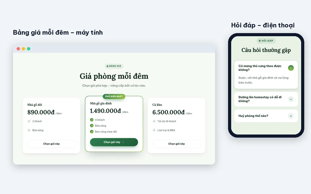 Mẫu landing page homestay: bảng giá mỗi đêm cho ba hạng phòng trên máy tính và phần hỏi đáp về thú cưng, đường đi, huỷ phòng trên điện thoại