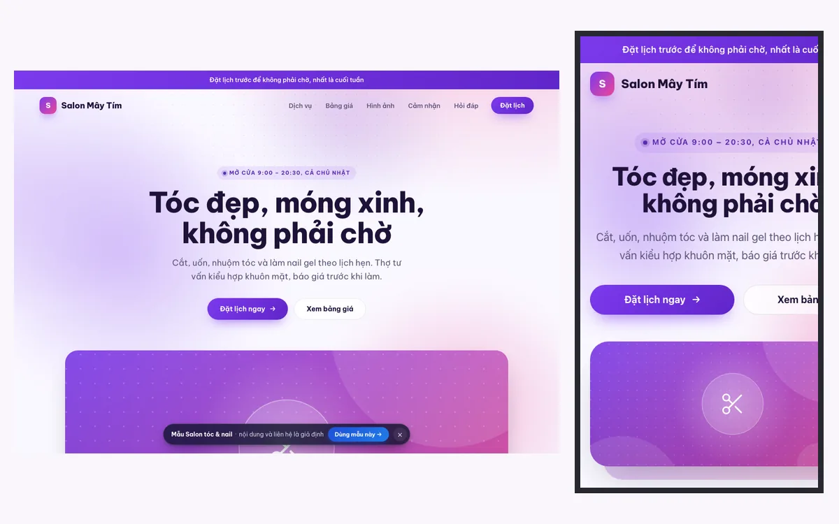 Mẫu landing page salon tóc nail: đầu trang trên máy tính với nút đặt lịch và bảng giá, cùng bản xem trên điện thoại