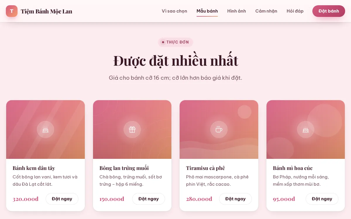 Landing page cho tiệm bánh: phần bánh được đặt nhiều nhất với tên bánh, mô tả, giá và nút Đặt ngay trên mẫu tiệm bánh