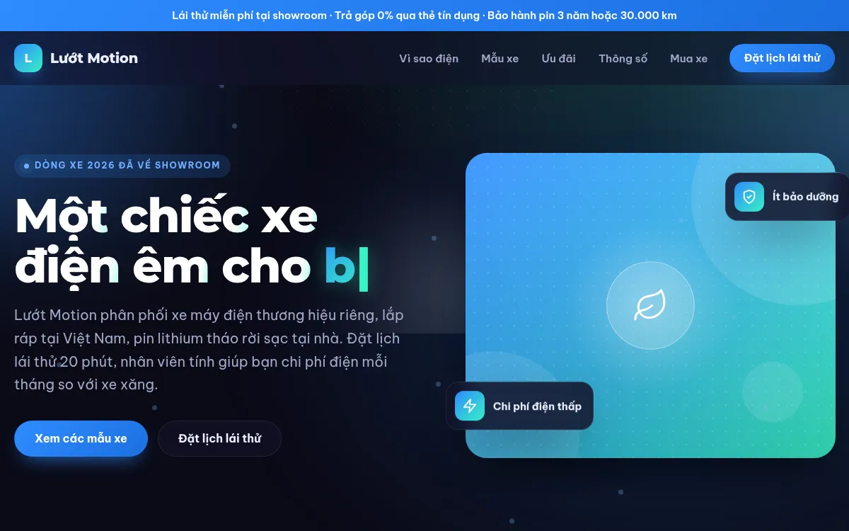 Mẫu website giới thiệu sản phẩm: đầu trang mẫu showroom xe điện Premium với lời giới thiệu sản phẩm và nút đặt lịch lái thử