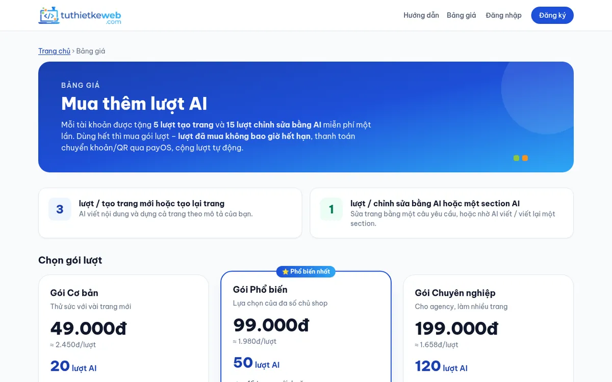 Bảng giá gói lượt AI của Tự Thiết Kế Web