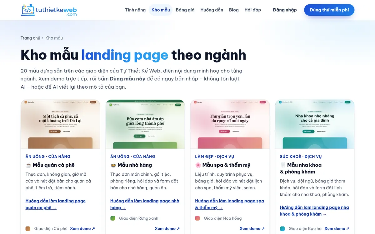 Kho mẫu landing page theo ngành của Tự Thiết Kế Web