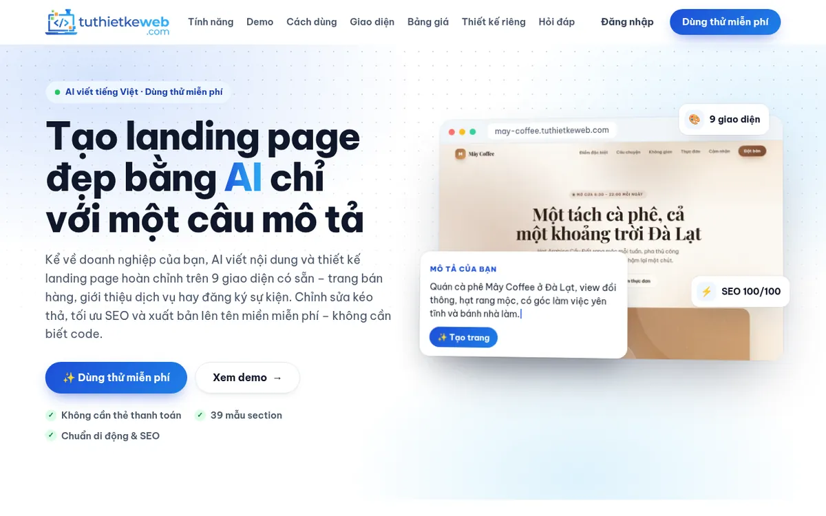 Trang chủ Tự Thiết Kế Web: ô mô tả doanh nghiệp để AI tạo landing page