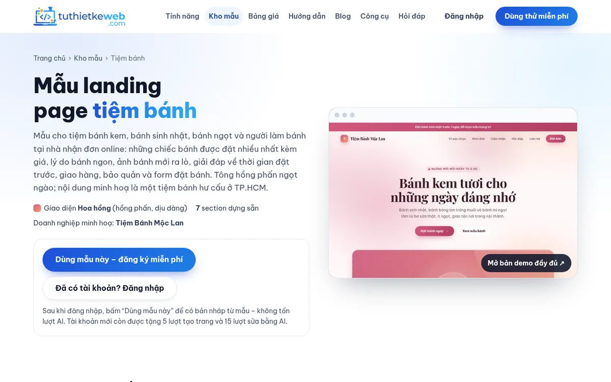 Trang mẫu landing page tiệm bánh với nút Dùng mẫu này