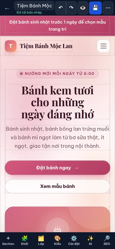 Trình chỉnh sửa landing page trên điện thoại với thanh công cụ phía dưới