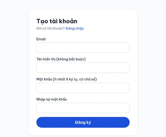 Màn hình tạo tài khoản Tự Thiết Kế Web với ô email, tên hiển thị và mật khẩu
