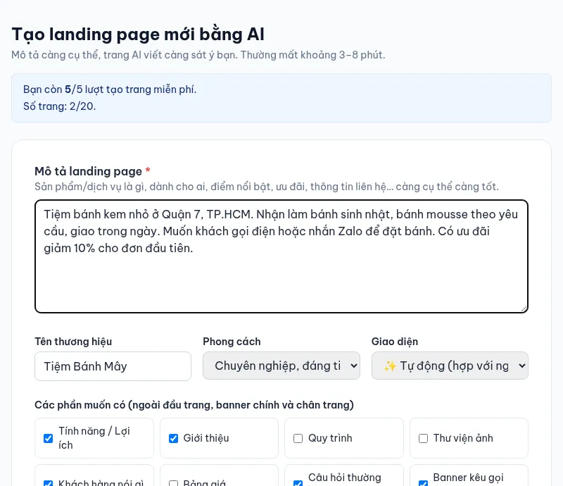 Trang tạo landing page mới bằng AI với ô mô tả, tên thương hiệu, phong cách, giao diện và các phần muốn có
