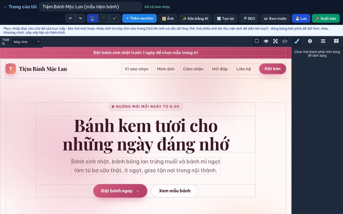 Trình chỉnh sửa landing page trên máy tính với thanh công cụ Thêm section, Ảnh, Sửa bằng AI, SEO, Xem trước, Lưu, Xuất bản