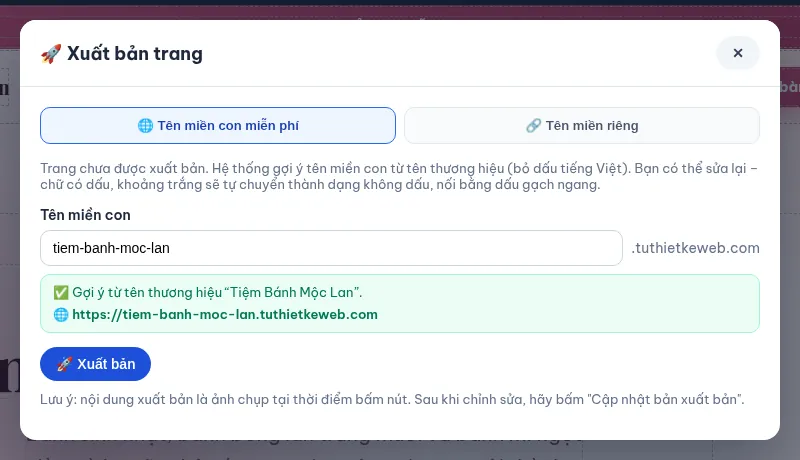 Hộp thoại Xuất bản trang với tên miền con miễn phí gợi ý từ tên thương hiệu và tab tên miền riêng