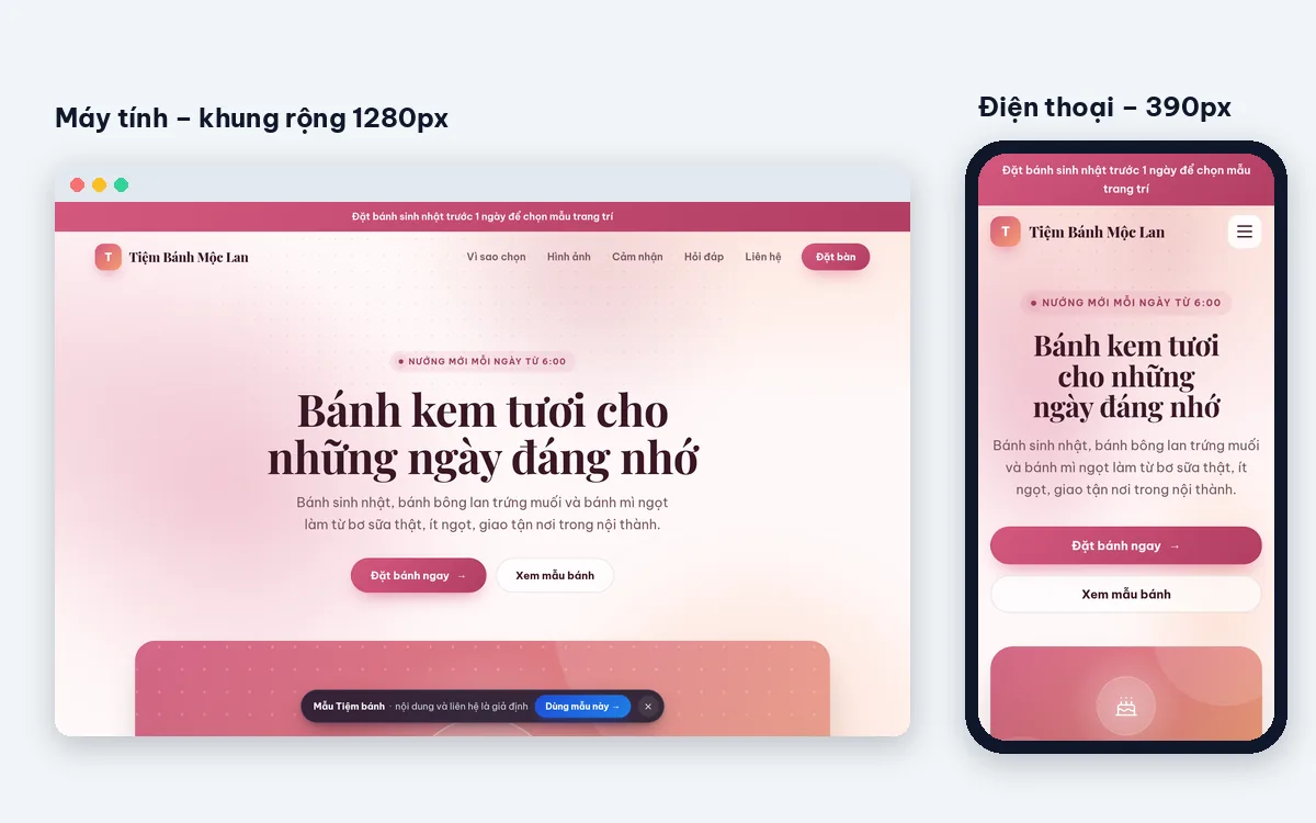 Cùng một mẫu landing page tiệm bánh hiển thị trên khung máy tính rộng 1280px và trên điện thoại rộng 390px