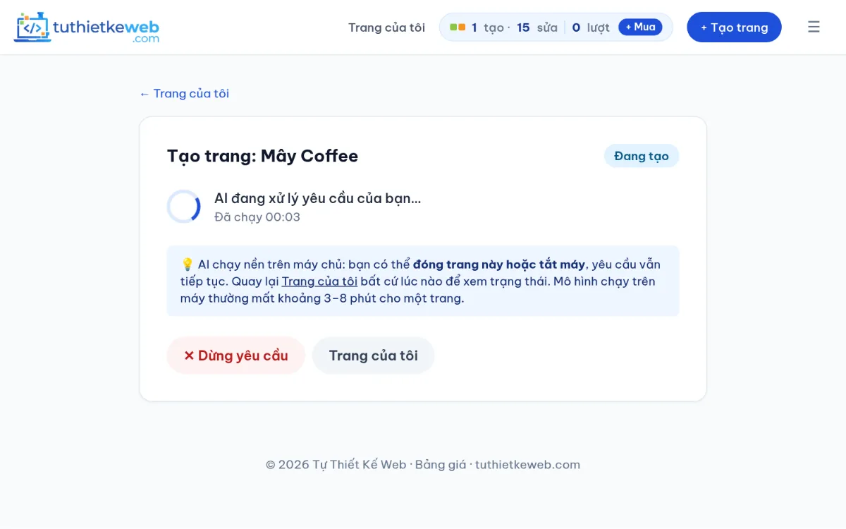 Màn hình tiến trình khi AI đang tạo trang
