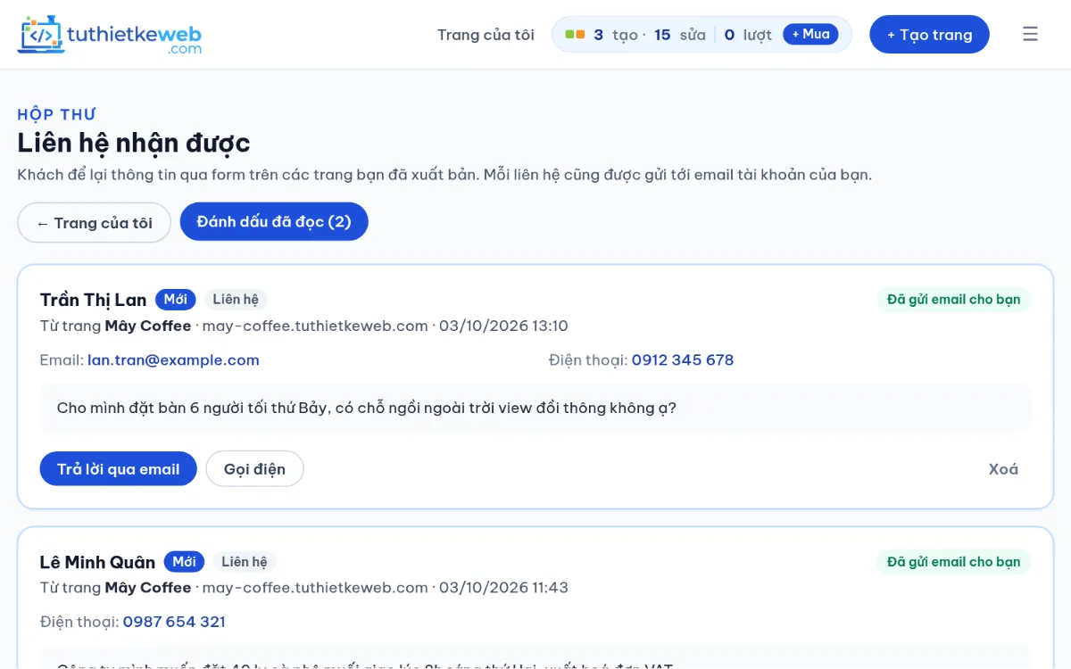 Hộp thư Liên hệ nhận được
