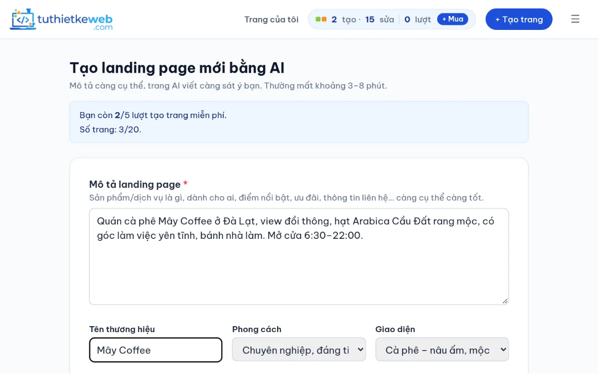 Form tạo trang mới bằng AI
