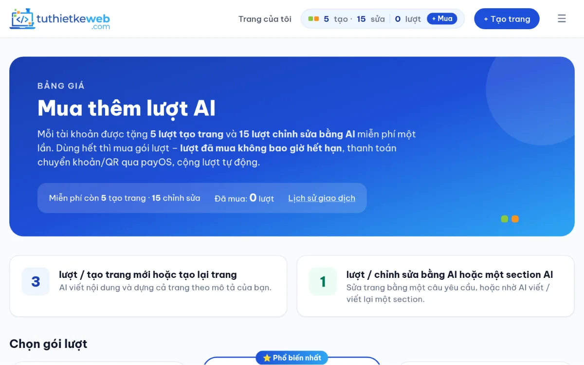Trang Bảng giá với số lượt miễn phí còn lại và các gói lượt